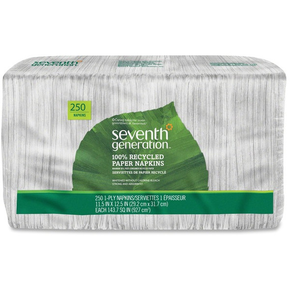 Seventh Generation 100% Recycled Paper Napkins - 1 Ply - 11.50" x 12.50" - White - Paper - Soft, Absorbent, Hypoallergenic, Non-chlorine Bleached, Fragrance-free, Dye-free, Durable - For Food Service, Home, School - 250 Per Pack - 12 / Carton