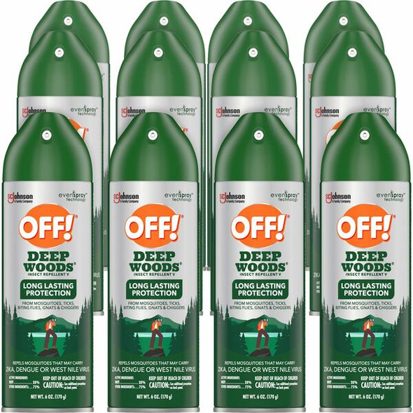 OFF! Deep Woods Insect Repellent - Spray - Kills Bugs, Ticks, Mosquitoes, Black Flies, Sand Flies, Chiggers, Fleas, Gnats - 6 fl oz - Green - 12 / Carton