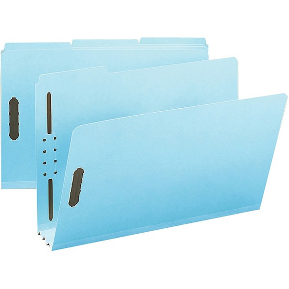Smead 1/3 Tab Cut Legal Recycled Fastener Folder - 9 1/2" x 14 5/8" - 350 Sheet Capacity - 3" Expansion - 2 x 2K Fastener(s) - Folder - Assorted Position Tab Position - Pressboard - Blue - 100% Recycled - 25 / Box