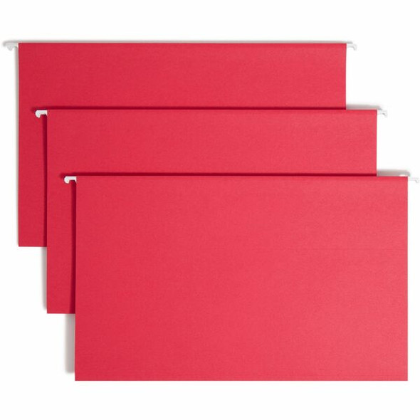 Smead Colored 1/5 Tab Cut Legal Recycled Hanging Folder - 8 1/2" x 14" - Top Tab Location - Assorted Position Tab Position - Vinyl - Red - 10% Recycled - 25 / Box