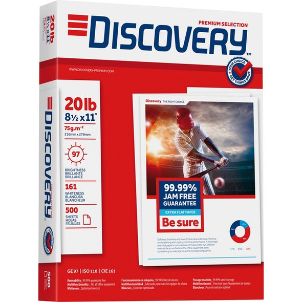 Discovery Premium Multipurpose Paper - Anti-Jam - White - 97 Brightness - Letter - 8 1/2" x 11" - 20 lb Basis Weight - 5000 / Carton - Excellent Ink Absorption, Anti-jam - White