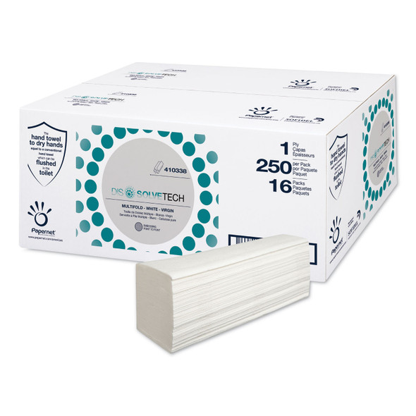 DissolveTech Paper Towel, 1-Ply, 9.49 x 8.11, White, 250/Pack, 16 Packs/Carton