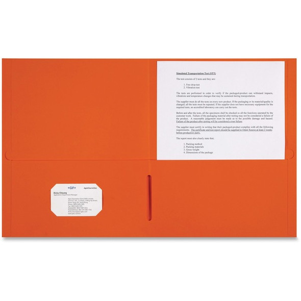 Sparco Letter Pocket Folder - 8 1/2" x 11" - 2 Internal Pocket(s) - Orange - 25 / Box