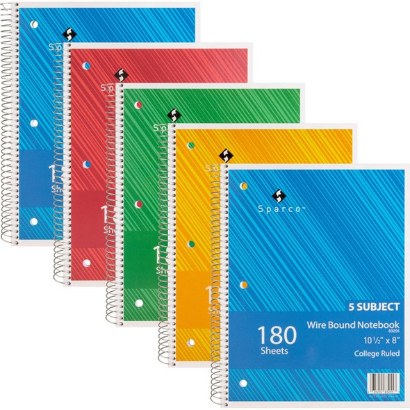 Sparco Wirebound College Ruled Notebooks - 180 Sheets - Wire Bound - College Ruled - Unruled Margin - 8" x 10 1/2" - Assorted Paper - AssortedChipboard Cover - Resist Bleed-through, Subject, Stiff-back, Stiff-cover - 5 / Bundle