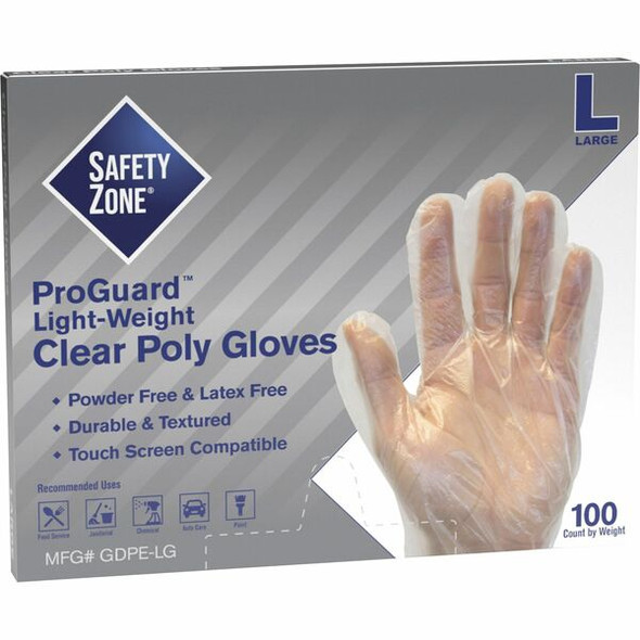 Safety Zone Clear Powder Free Polyethylene Gloves - Large Size - Clear - Die Cut, Heat Sealed Edge, Embossed Grip, Latex-free, Silicone-free, Recyclable - For Food - 100 / Pack - 11.75" Glove Length