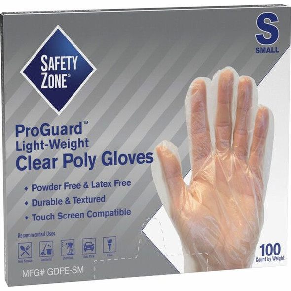 Safety Zone Clear Powder Free Polyethylene Gloves - Small Size - Clear - Die Cut, Heat Sealed Edge, Embossed Grip, Latex-free, Silicone-free, Recyclable - For Food - 100 / Pack - 11.75" Glove Length