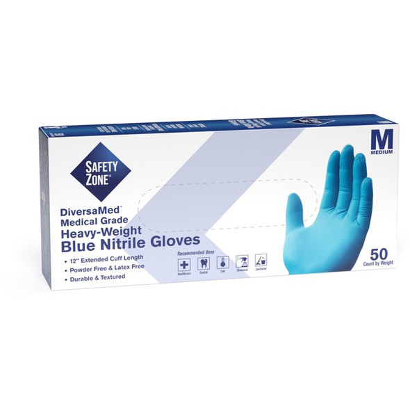 Safety Zone 12" Powder Free Blue Nitrile Gloves - Medium Size - Blue - Comfortable, Allergen-free, Silicone-free, Latex-free, Textured - For Cleaning, Dishwashing, Medical, Food, Janitorial Use, Painting, Pet Care - 12" Glove Length
