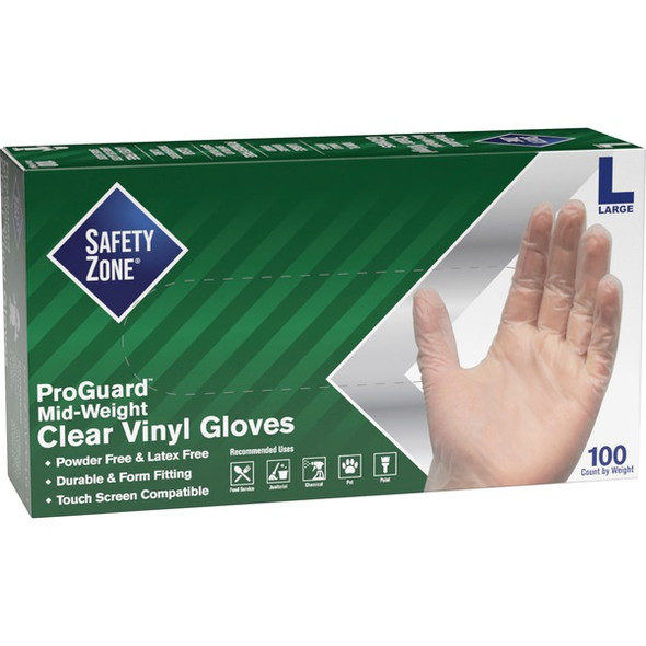 Safety Zone 3 mil General-purpose Vinyl Gloves - Large Size - Clear - Latex-free, Comfortable, Silicone-free, Allergen-free, DINP-free, DEHP-free - For Food, Janitorial Use, Cosmetics, Painting, Cleaning, General Purpose, Pet Care - 100 / Box