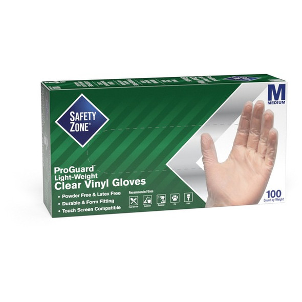 Safety Zone Powder Free Clear Vinyl Gloves - Medium Size - Clear - Latex-free, DEHP-free, DINP-free, PFAS-free, Comfortable, Silicone-free - For Janitorial Use, Cosmetics, Painting, Cleaning, General Purpose, Pet Care - 100 / Box - 9.25" Glove Length