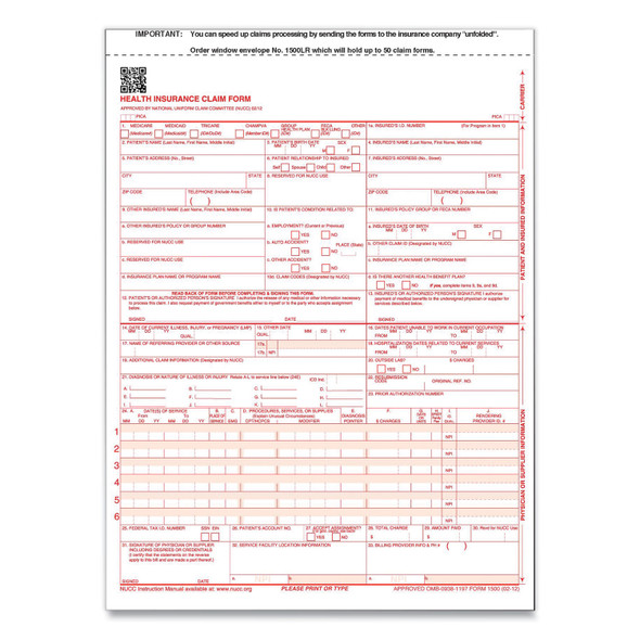 CMS-1500 Health Insurance Claim Form, One-Part (No Copies), 8.5 x 11, 100 Forms Total