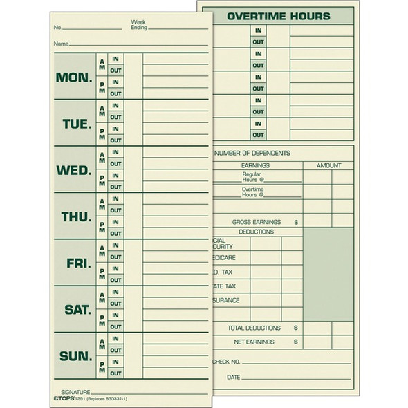 TOPS Monday-Sunday Time Cards - Double Sided Sheet - 3.50" x 8.50" Sheet Size - Yellow - Manila Sheet(s) - Green Print Color - 500 / Box