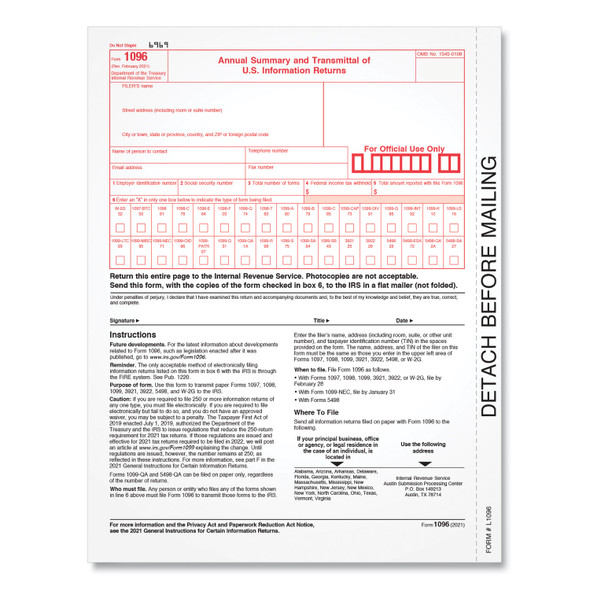 1096 Tax Form for Inkjet/Laser Printers, Fiscal Year: 2023, One-Part (No Copies), 8 x 11, 10 Forms Total