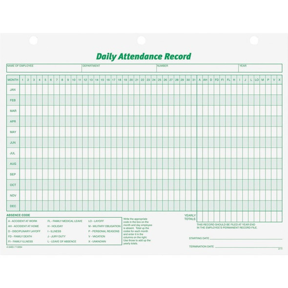 TOPS Daily Employee Attendance Record Form - 50 Sheet(s) - 11" x 8.50" Sheet Size - 3 x Holes - White - White Sheet(s) - Green Print Color - 1 / Pack