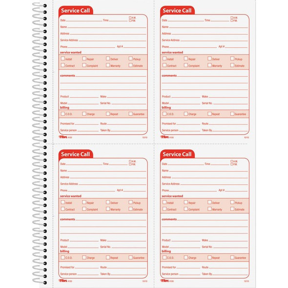 TOPS Service Call 2-part Spiral Message Slip Book - 200 Sheet(s) - Spiral Bound - 2 PartCarbonless Copy - 5.50" x 4" Form Size - 8.25" x 11" Sheet Size - White, Canary - Red Print Color - 1 Each
