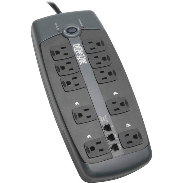Tripp Lite by Eaton Protect It! 10-Outlet Surge Protector 8 ft. (2.43 m) Cord with Right-Angle Plug 2395 Joules Tel/DSL Protection Black Housing - 10 x NEMA 5-15R - 1800 VA - 2395 J - 120 V AC Input - 120 V AC Output - Fax/Modem/Phone