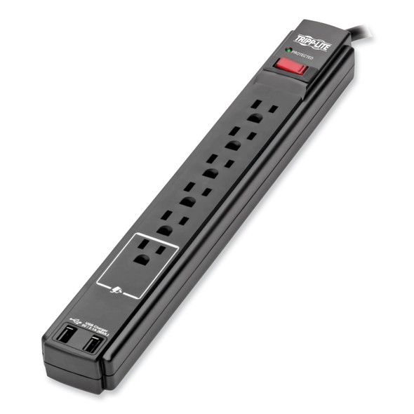 Protect It! Surge Protector, 6 AC Outlets/2 USB Ports, 6 ft Cord, 990 J, Black