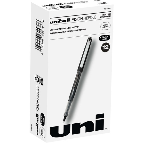 uniball&trade; Vision Needle Rollerball Pens - Micro Pen Point - 0.5 mm Pen Point Size - Black Liquid Ink - 1 Dozen