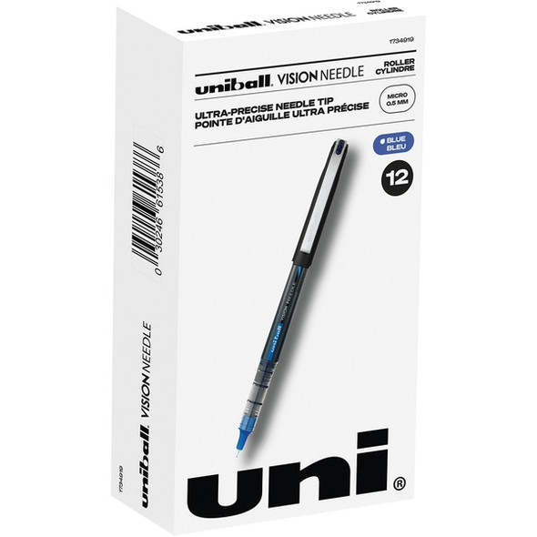 uniball&trade; Vision Needle Rollerball Pens - Micro Pen Point - 0.5 mm Pen Point Size - Blue Liquid Ink - 1 Dozen