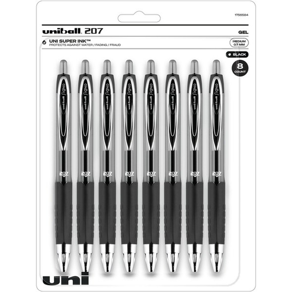 uniball&trade; 207 Gel Pen - Medium Pen Point - 0.7 mm Pen Point Size - Conical Pen Point Style - Refillable - Retractable - Black Gel-based Ink - Translucent Black Plastic Barrel - Tungsten Carbide Tip - 8 / Pack