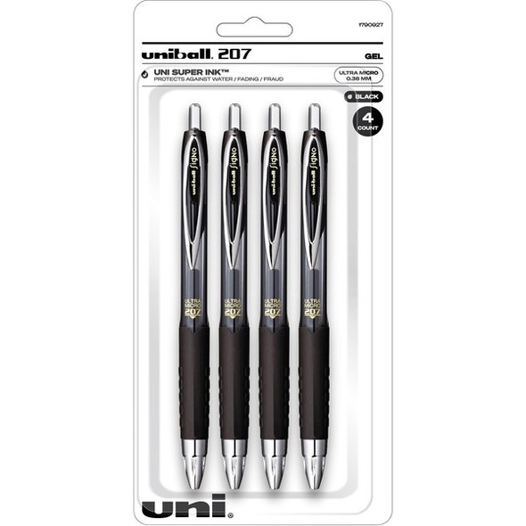 uniball&trade; 207 Gel Pen - Ultra Micro Pen Point - Conical Pen Point Style - Refillable - Retractable - Black Gel-based, Pigment-based Ink - Plastic Barrel - Tungsten Carbide, Stainless Steel Tip - 4 / Pack
