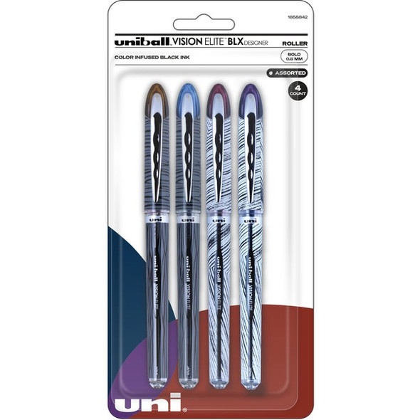 uniball&trade; Vision Elite Designer Rollerball Pen - Bold Pen Point - 8 mm Pen Point Size - Brown/Black, Black/Blue, Black/Red, Violet/Black - Assorted Barrel - 4 / Pack