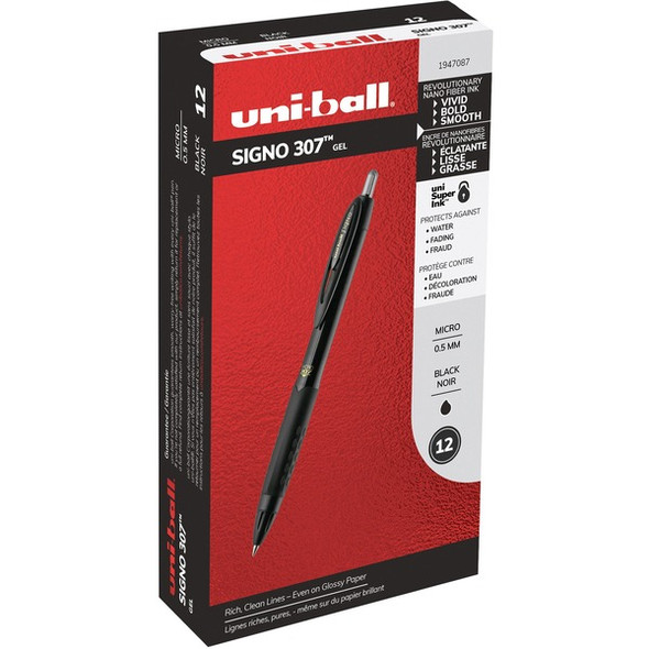 uniball&trade; 307 Gel Pen - Micro Pen Point - 0.5 mm Pen Point Size - Black Gel-based Ink - Black Barrel - 1 Dozen