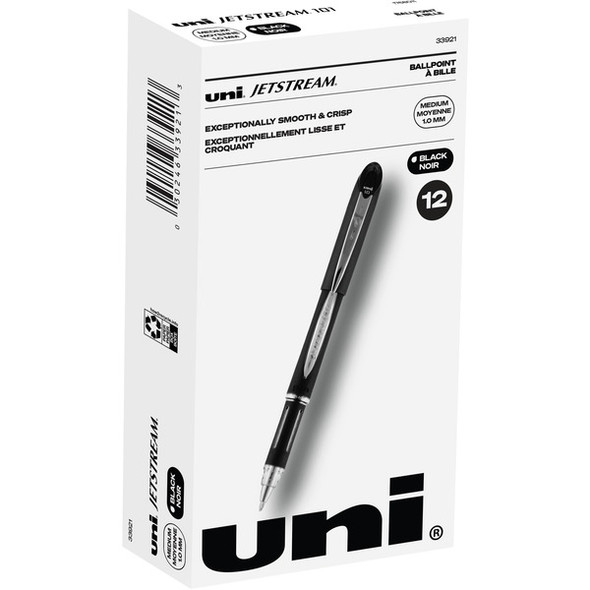 uni&reg; Jetstream Ballpoint Pens - Medium Pen Point - 1 mm Pen Point Size - Refillable - Black Pigment-based Ink - Black Stainless Steel Barrel - 1 Dozen