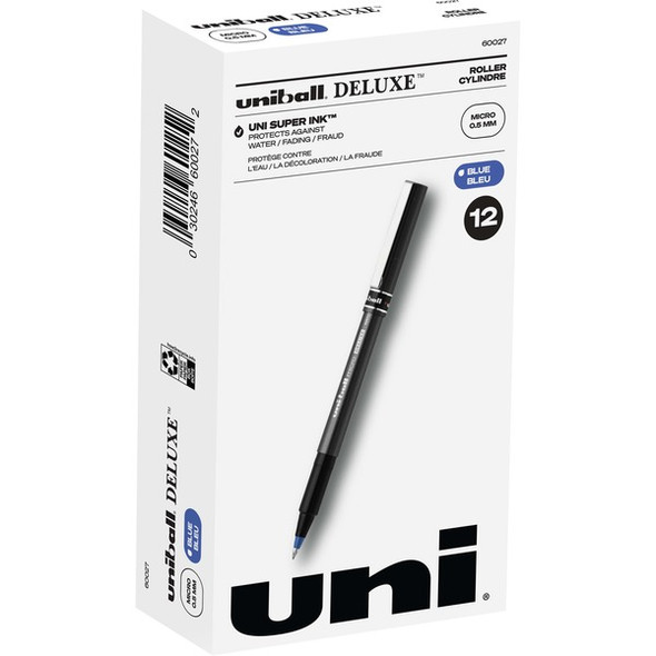 uniball&trade; Deluxe Rollerball Pens - Micro Pen Point - 0.5 mm Pen Point Size - Blue - Gray Barrel - 1 Dozen