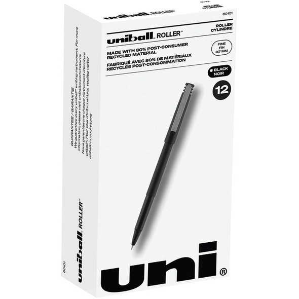 uniball&trade; Roller Rollerball Pen - Fine Pen Point - 0.7 mm Pen Point Size - Black - Black Stainless Steel Barrel - 1 Dozen