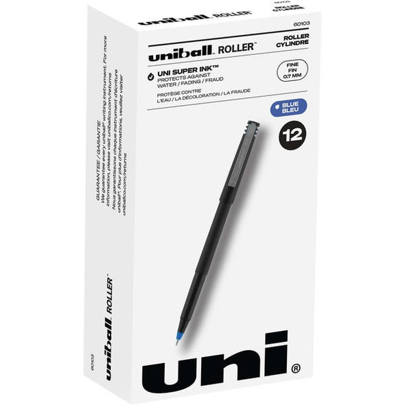 uniball&trade; Roller Rollerball Pen - Fine Pen Point - 0.7 mm Pen Point Size - Blue - Black Stainless Steel Barrel - 1 Dozen