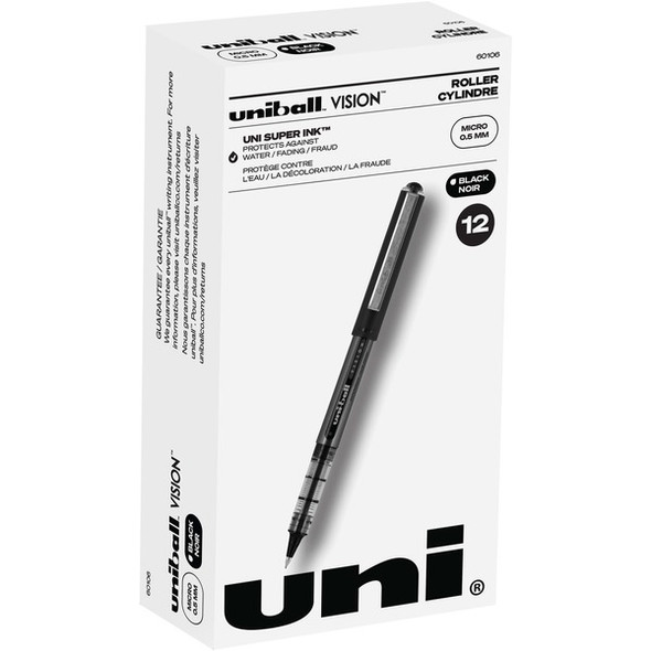 uniball&trade; Vision Rollerball Pens - Micro Pen Point - 0.5 mm Pen Point Size - Black Pigment-based Ink - 1 Dozen