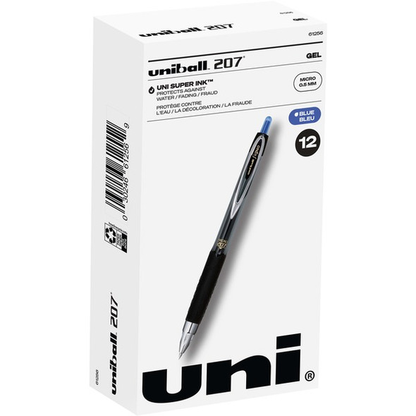 uniball&trade; 207 Gel Pen - Micro Pen Point - 0.5 mm Pen Point Size - Refillable - Retractable - Blue Pigment-based Ink - 1 Dozen