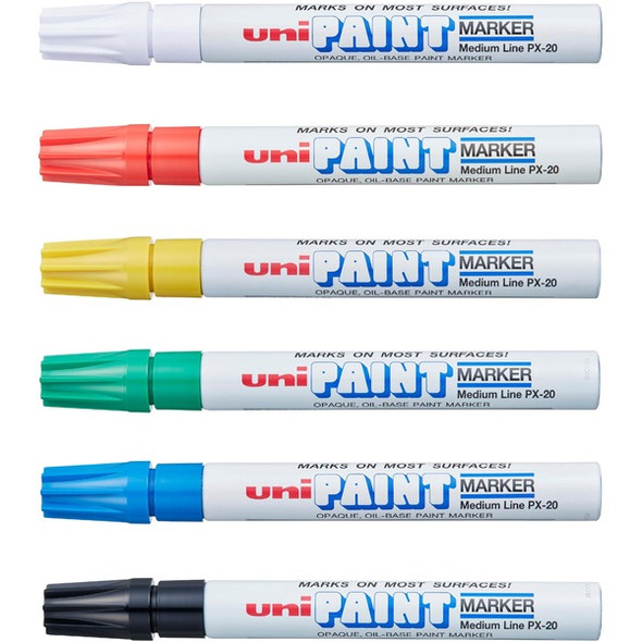 uni&reg; uni-Paint PX-20 Oil-Based Paint Marker - Medium Marker Point - Assorted, Blue, Red, Green, Yellow, Black Oil Based Ink - White Barrel - 6 / Set