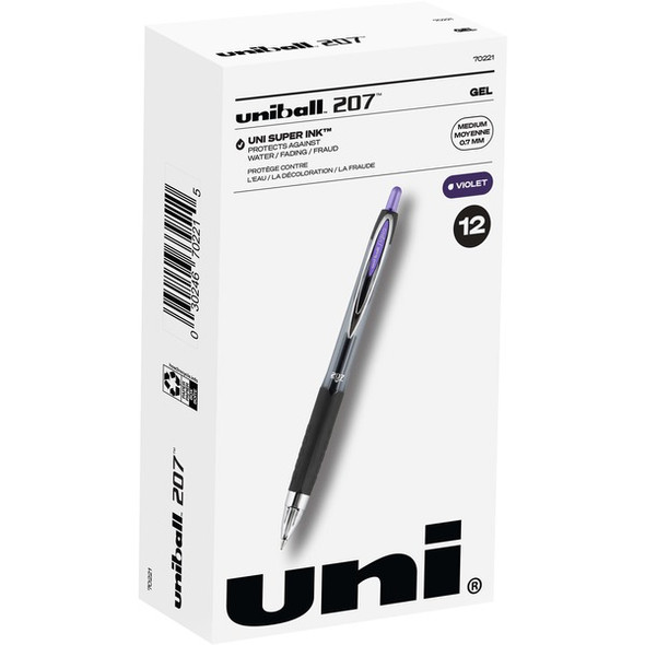uniball&trade; 207 Gel Pen - Medium Pen Point - 0.7 mm Pen Point Size - Refillable - Retractable - Violet Gel-based Ink - Translucent Barrel - 1 Dozen
