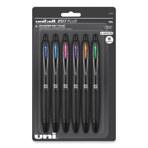 207 Plus+ Gel Pen, Retractable, Medium 0.7 mm, Assorted Inspirational Ink Colors, Black Barrel, 6/Pack