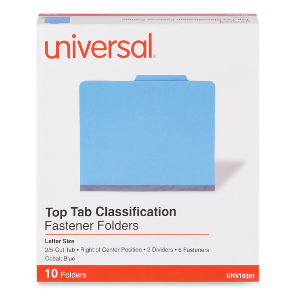 Bright Colored Pressboard Classification Folders, 2" Expansion, 2 Dividers, 6 Fasteners, Letter Size, Cobalt Blue, 10/Box