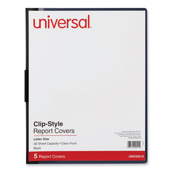 Clip-Style Report Cover, Clip Fastener, 8.5 x 11, Clear/Black, 5/Pack