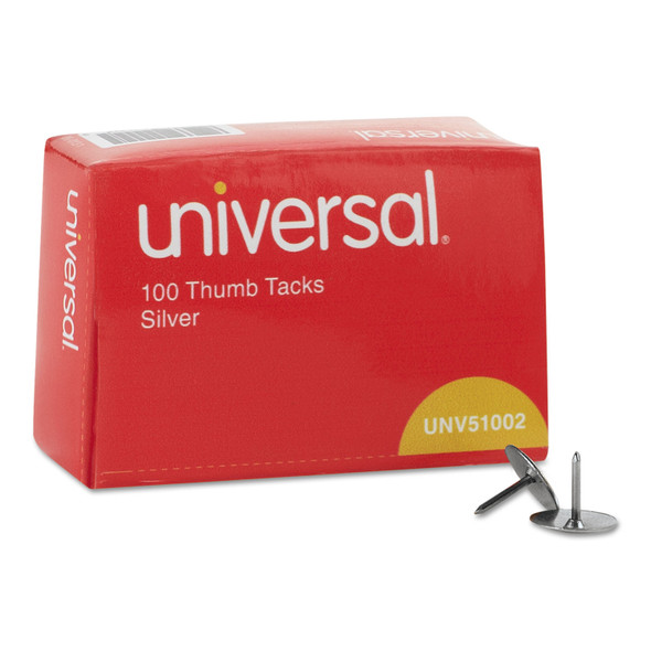 Thumb Tacks, Steel, Silver, 0.31", 100/Box