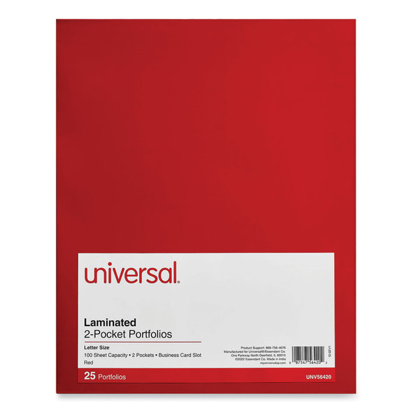 Laminated Two-Pocket Folder, Cardboard Paper, 100-Sheet Capacity, 11 x 8.5, Red, 25/Box