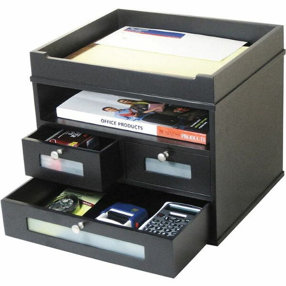 Victor 5500-5 Midnight Black Tidy Tower - 10.9" Height x 12.8" Width x 10.6" Depth - Desktop - Black - Wood, Faux Leather - 1Each