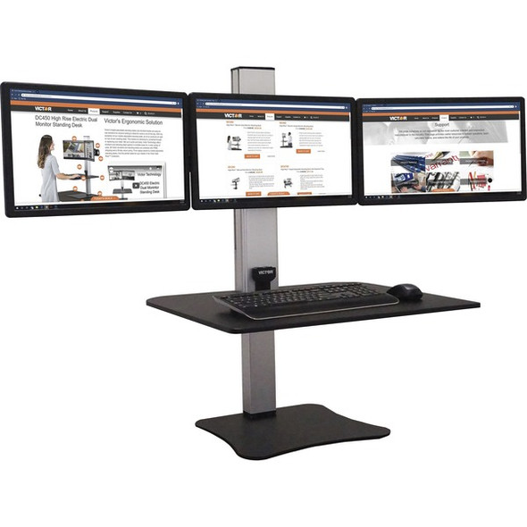 Victor High Rise Electric Triple Monitor Standing Desk - 23" to 34" Screen Support - 37.50 lb Load Capacity - 20" Height x 28" Width x 23" Depth - Desktop, Tabletop - High Pressure Laminate (HPL) - Wood, Steel, Aluminum - Black, Aluminum