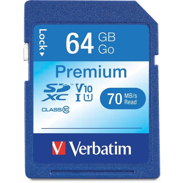 Verbatim 64GB Premium SDXC Memory Card, UHS-I Class 10 - Class 10/UHS-I (U1) - 90 MB/s Read1 Pack - 300x Memory Speed