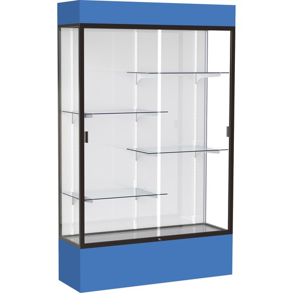 Waddell Lighted Floor Case, White Back w/ Dark Bronze Frame & Colored Base - 48" x 16" x 80" - 4 x Shelf(ves) - Sliding Door(s) - 25 lb Load Capacity - Lockable, Adjustable Shelf, LED Light, Handcrafted - Royal Blue - TAA Compliant