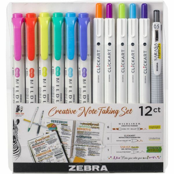 Zebra Creative Note Taking Set - Fine Pen Point - Fine Marker Point - Chisel, Bullet Marker Point Style - Felt Tip - Assorted Gel-based Ink - Retractable - 12 / Pack