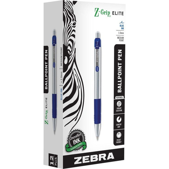 Zebra Pen Z-Grip Elite Metal Retractable Ballpoint Pen - Bold Pen Point - 1 mm Pen Point Size - Retractable - Blue Gel-based Ink - 1 Dozen
