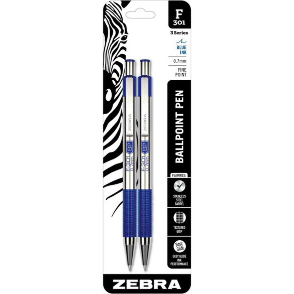 Zebra Pen F-301 Stainless Steel Ballpoint Pens - Fine Pen Point - Refillable - Retractable - Blue - Stainless Steel Stainless Steel, Blue Barrel - 2 / Pack