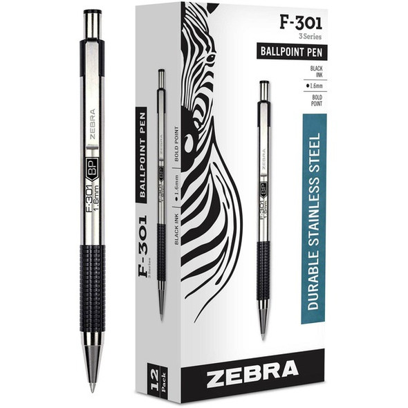 Zebra STEEL 3 Series F-301 Retractable Ballpoint Pen - Bold Pen Point - 1.6 mm Pen Point Size - Refillable - Retractable - Black - Stainless Steel Barrel - 1 Dozen