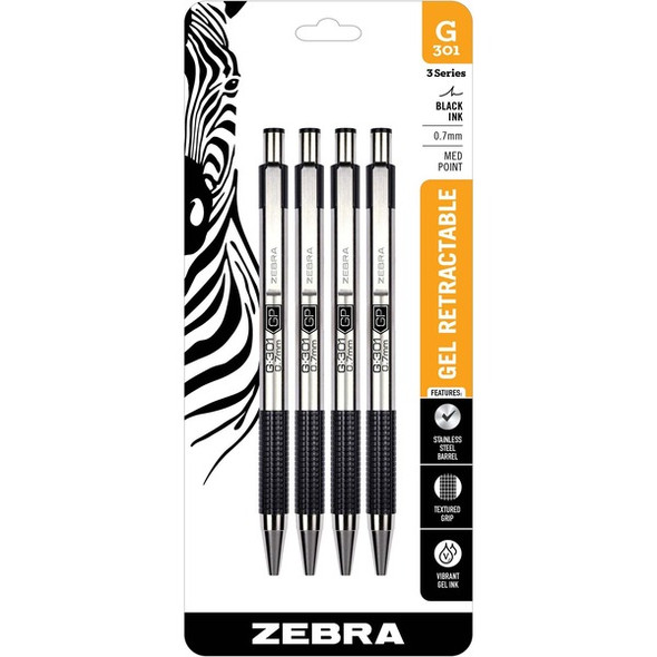 Zebra Pen STEEL 3 Series G-301 Retractable Gel Pen - 0.7 mm Pen Point Size - Refillable - Retractable - Black Gel-based Ink - Metal Barrel - 4 / Pack
