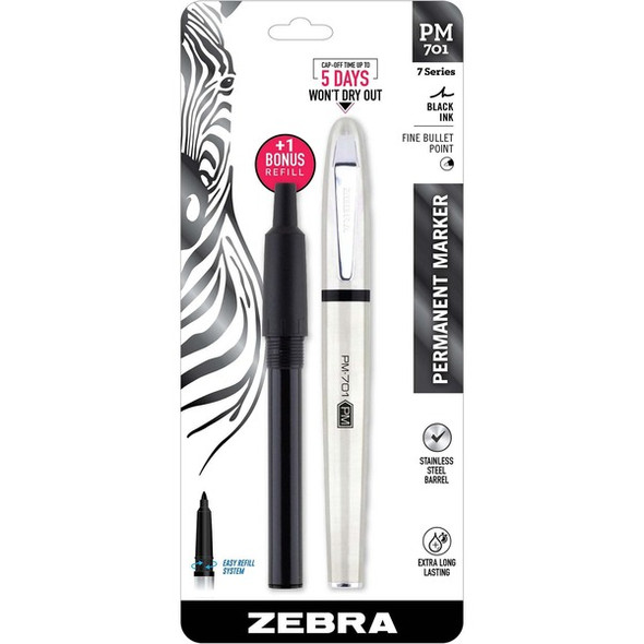 Zebra Pen STEEL 7 Series PM-701 Permanent Marker - Fine Marker Point - Bullet Marker Point Style - Refillable - Black Alcohol Based Ink - Stainless Steel Stainless Steel Barrel - 1 / Pack