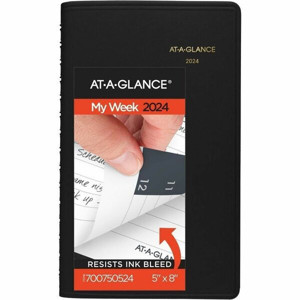 At-A-Glance Appointment Book Planner - Weekly - 1 Year - January 2024 - December 2024 - 8:00 AM to 5:00 PM - Hourly - 1 Week Double Page Layout - 4 7/8" x 8" Sheet Size - Black - Faux Leather - Pocket, Notepad - 1 Each